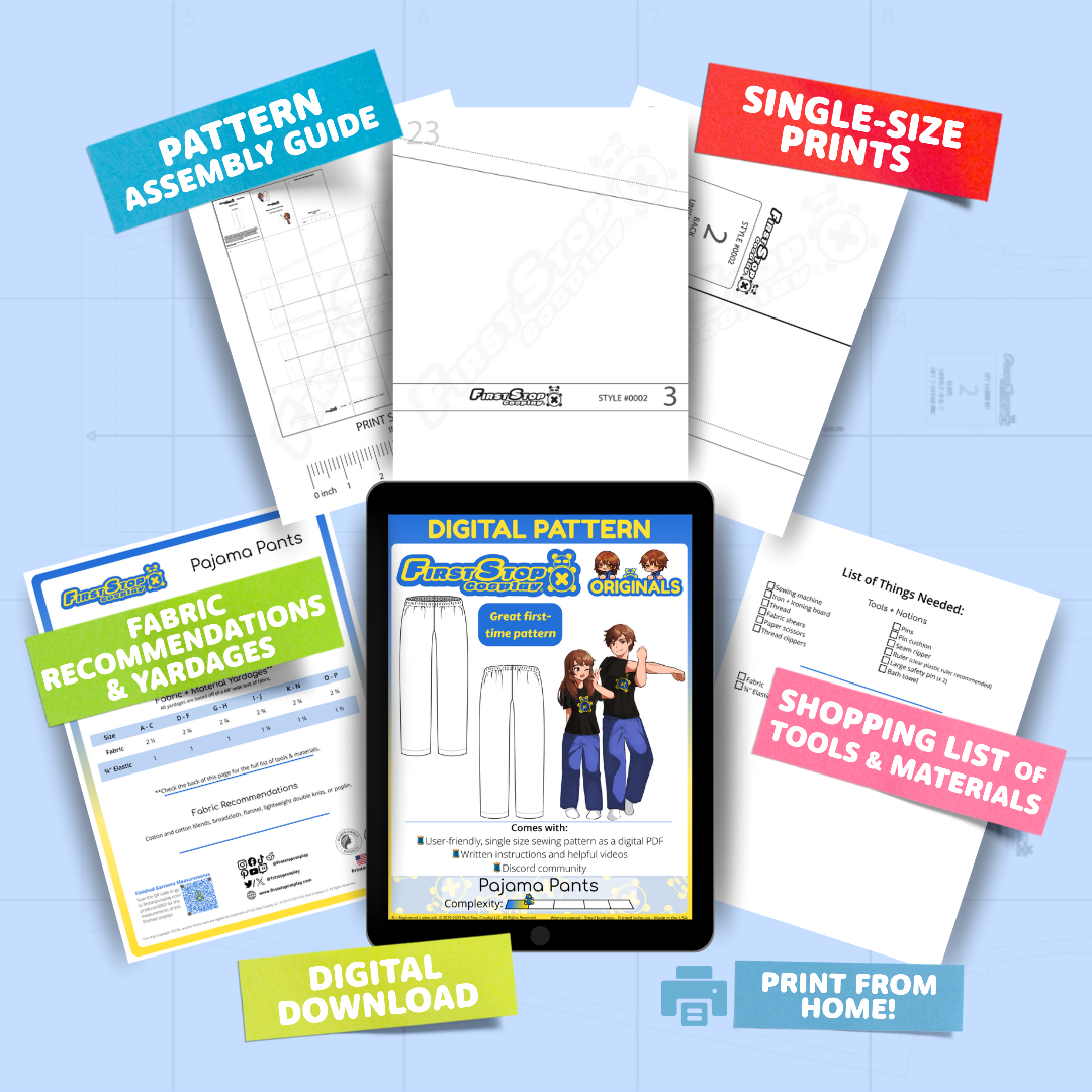 Contents of the digital Pajama Pants sewing pattern with the product art on a tablet screen, referencing the downloadable format of the pattern. Text boxes across the graphic highlight features corresponding to those included in the product, such as pattern assembly guide, single-size prints, ability to print from home, shopping lists of tools and materials, and fabric recommendations.