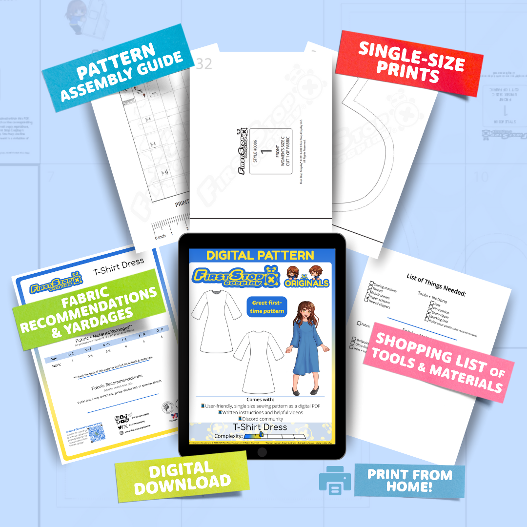 Contents of the digital T-Shirt Dress sewing pattern with the product art on a tablet screen, referencing the downloadable format of the pattern. Text boxes highlight features corresponding to those included in the product, such as pattern assembly guide, single-size prints, ability to print from home, shopping lists of tools and materials, and fabric recommendations.