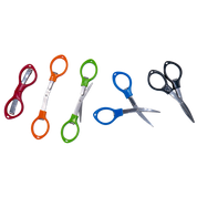 Five pairs of folding scissors in various orientations. From left to right, their colors are: red, orange, lime green, blue, and black.