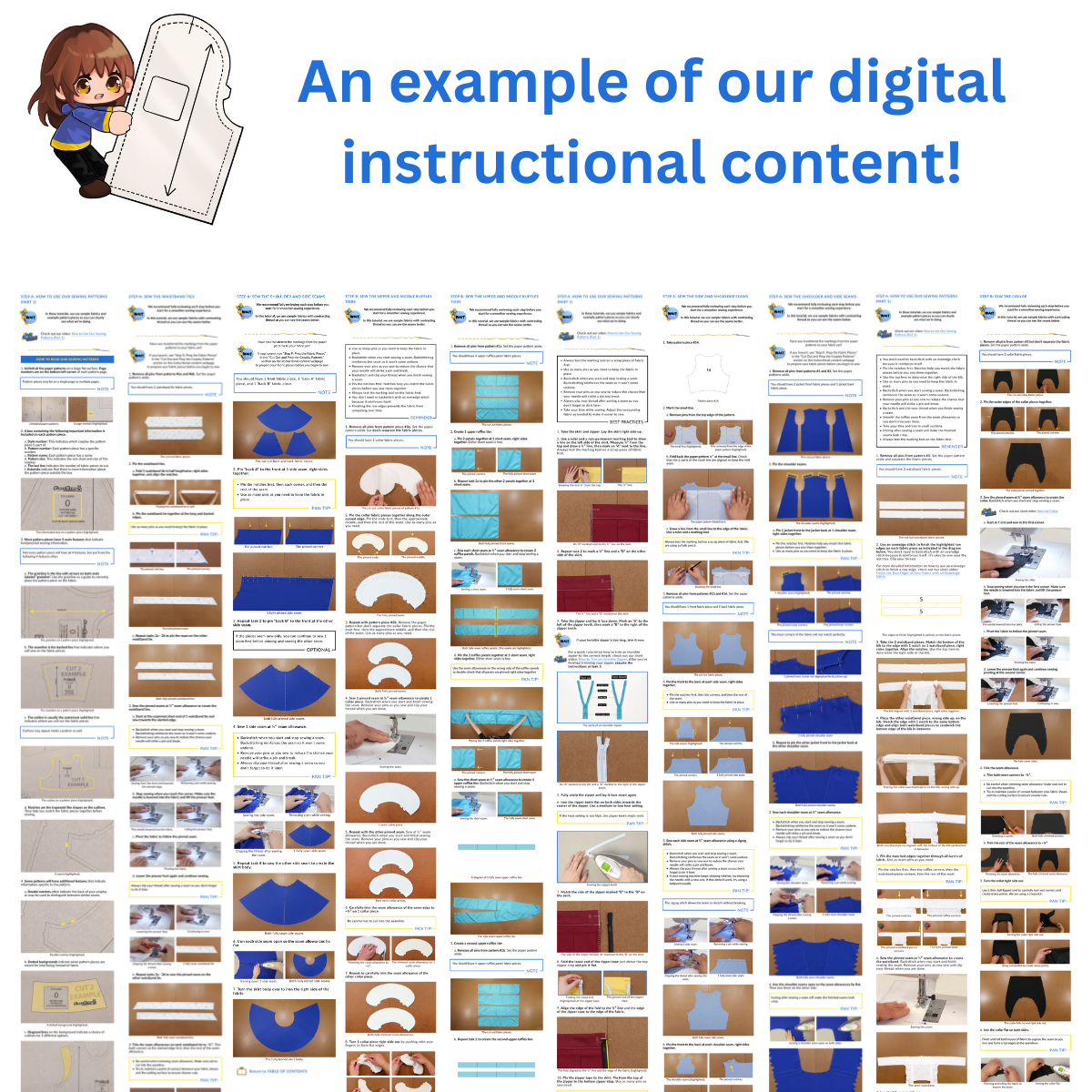 Graphic displaying an example of the included digital instructional content. Snippets of text with images dispersed throughout demonstrate how the instructional content will appear.