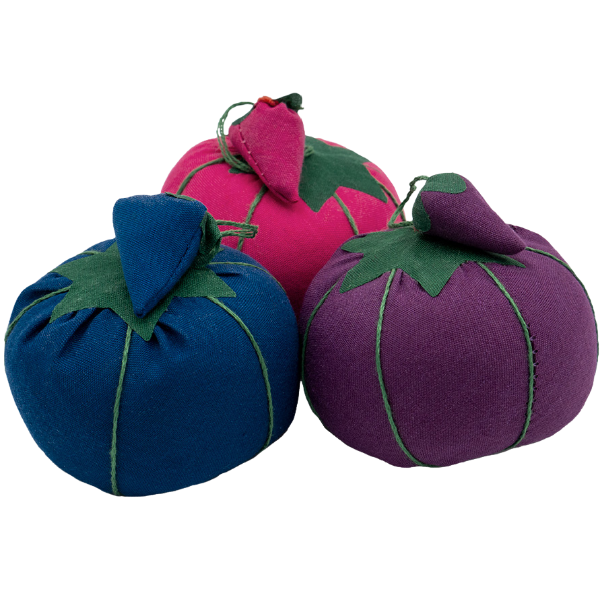 Image of three Dritz Tomato Pin Cushions. From left to right, the colors are: blue, hot pink, and purple.
