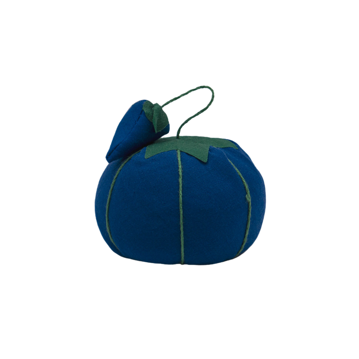 Image of the blue Dritz Tomato Pin Cushion. The emery strawberry sits atop the pin cushion.