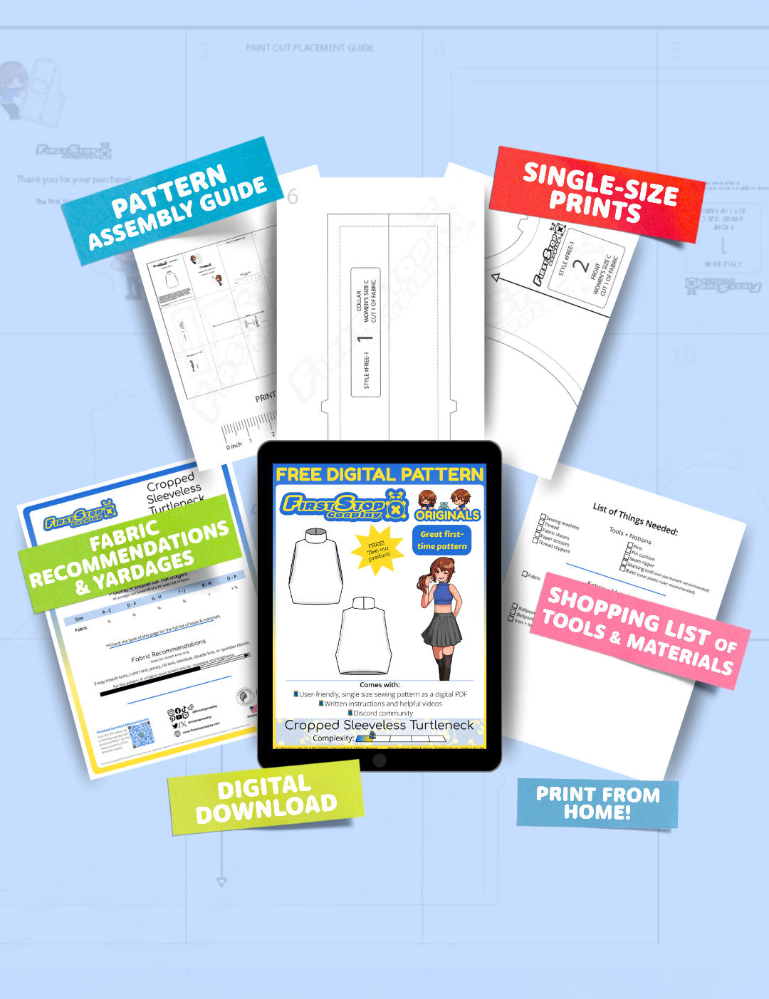 Contents of the free digital Cropped Sleeveless Turtleneck sewing pattern with the product art on a tablet screen, referencing the downloadable format of the pattern. Text boxes highlight features corresponding to those included in the product, such as pattern assembly guide, single-size prints, ability to print from home, shopping lists of tools and materials, and fabric recommendations.