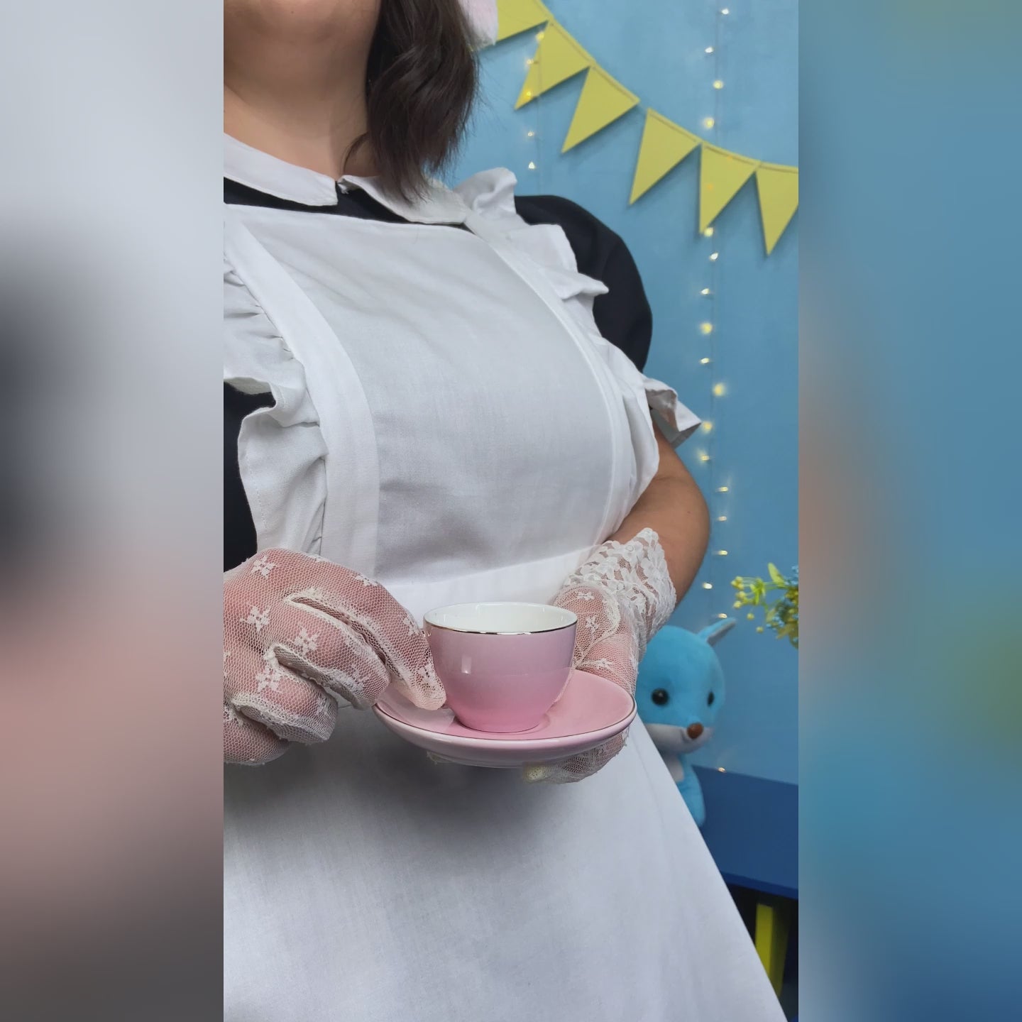 Short video of different-sized female models posing in the completed Maid Outfit (women's). 