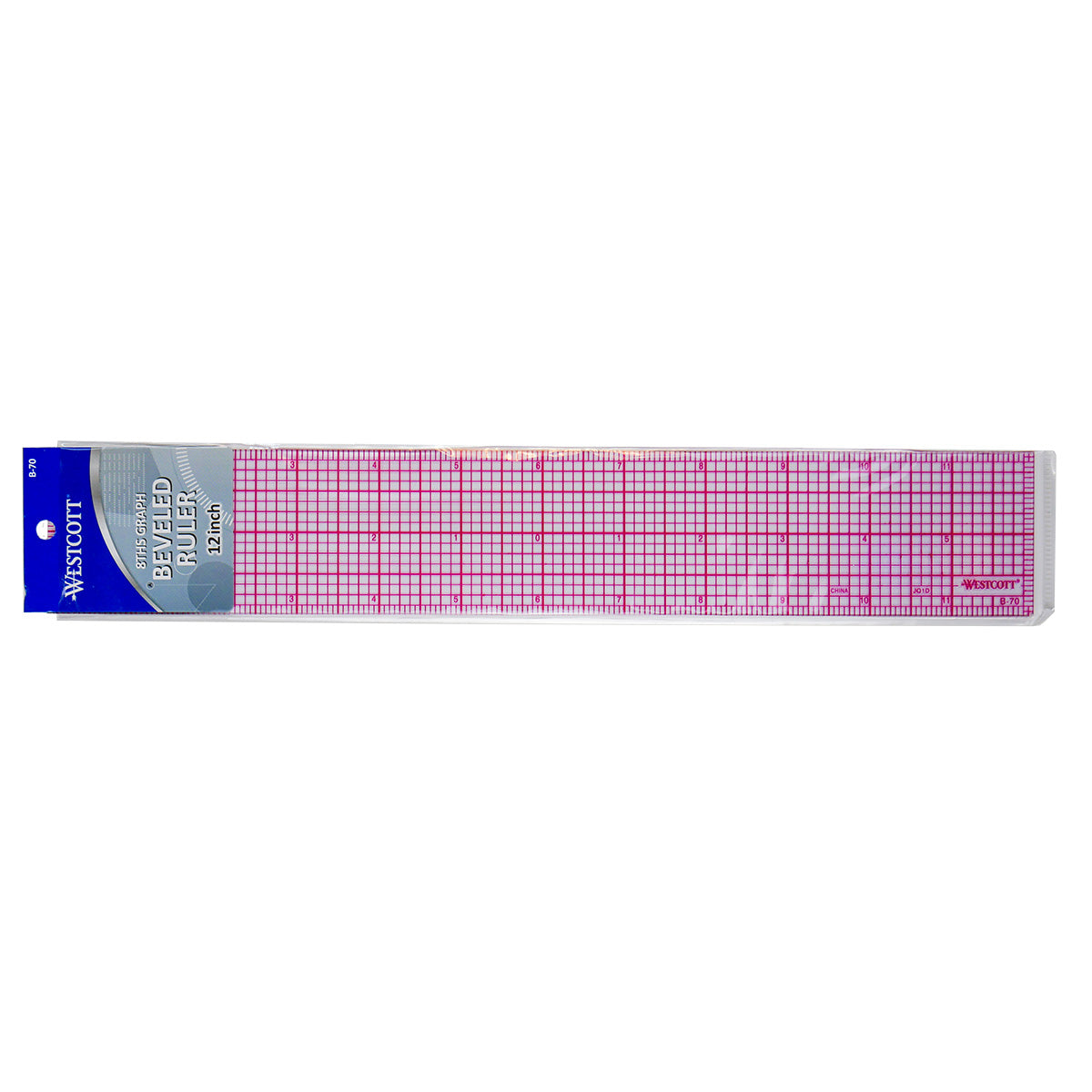 Sideways view of Westcott Beveled Ruler, 12" in length using 8ths graph. It has a transparent base with red grid overlay.