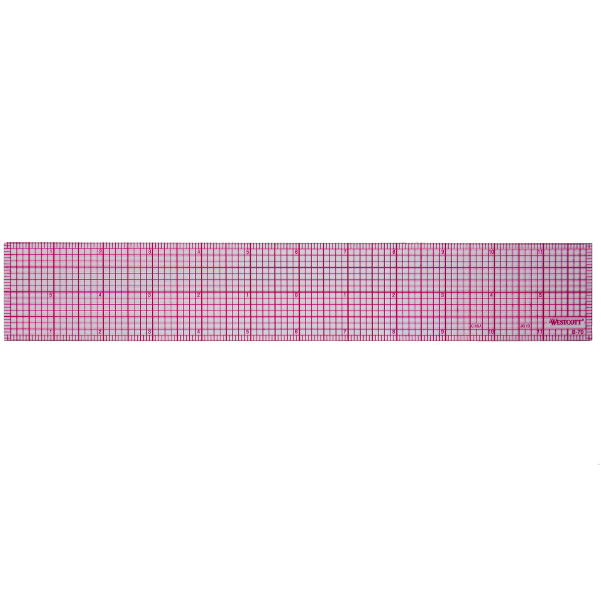 Sideways view of Westcott Beveled Ruler, 12" in length using 8ths graph. It has a transparent base with red grid overlay. It is without packaging.