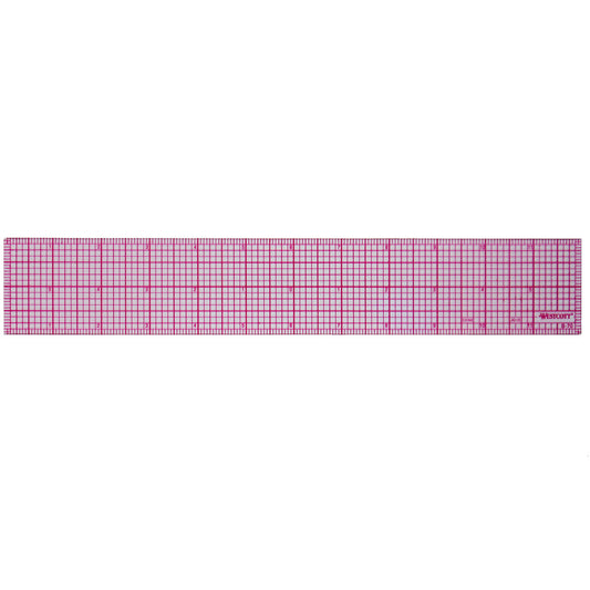 Sideways view of Westcott Beveled Ruler, 12" in length using 8ths graph. It has a transparent base with red grid overlay. It is without packaging.