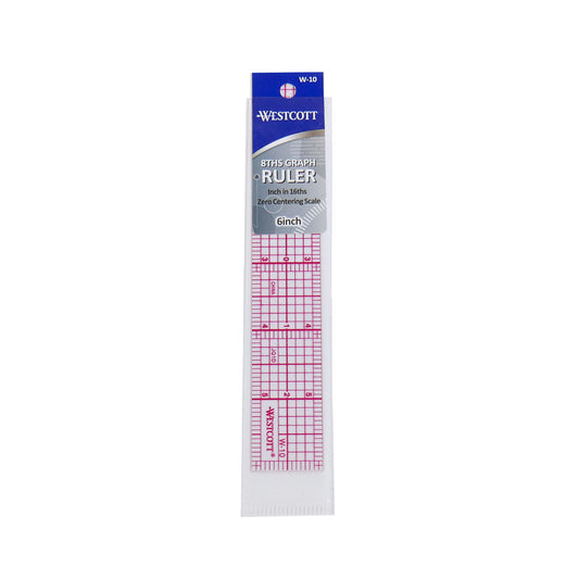 An image of a 6" transparent ruler with 8ths graphs by the brand Westcott, still in packaging.