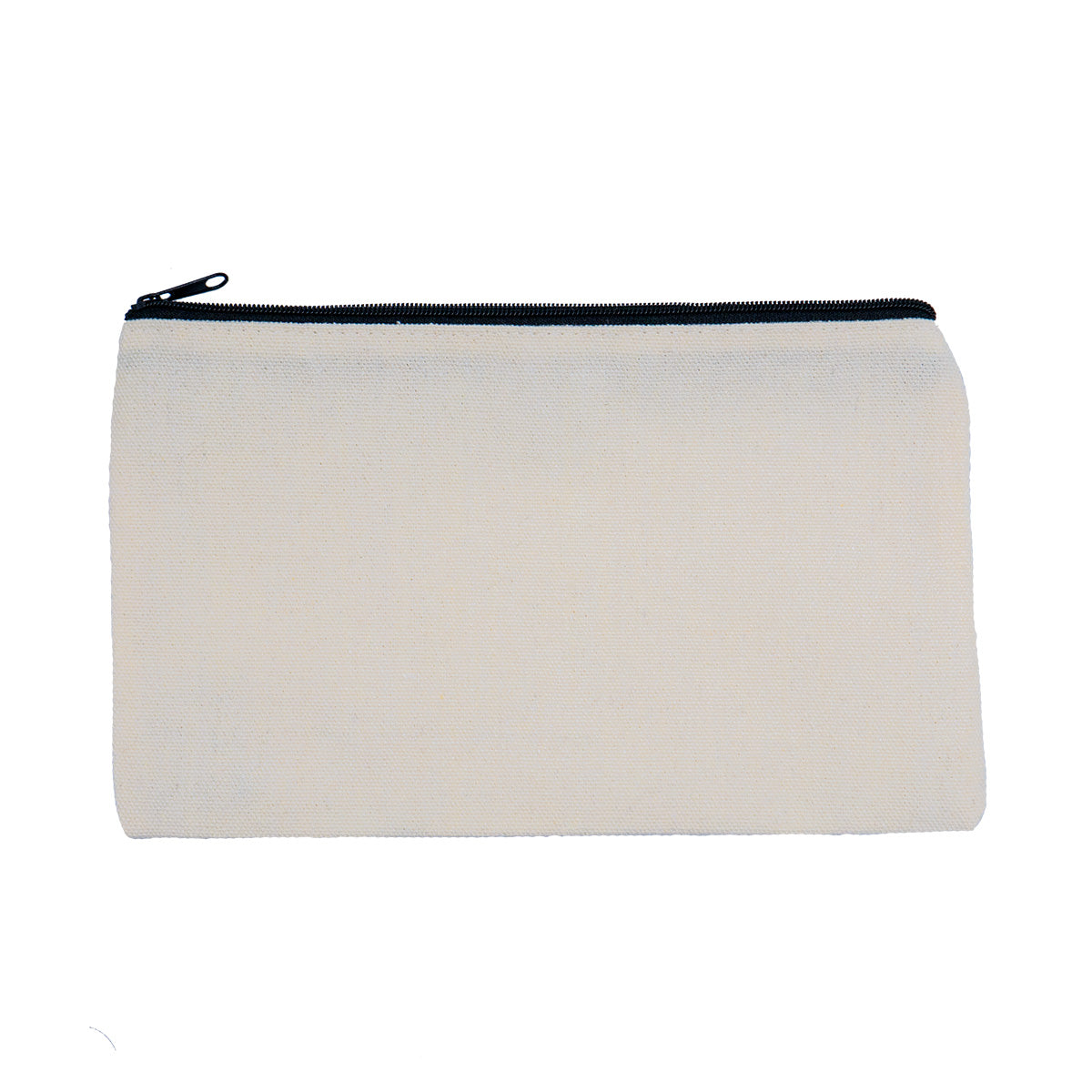 Rear view of the Canvas Pouch. There is no text. It is a solid cream background with black zipper on top.