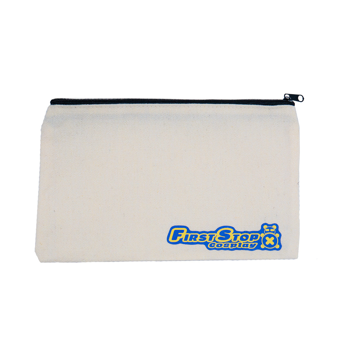 The First Stop Cosplay canvas zipper pouch. It is a cream-colored pouch with black zipper on top. On the bottom right of the pouch is the logo, reading, "First Stop Cosplay" next to the Timmy icon.