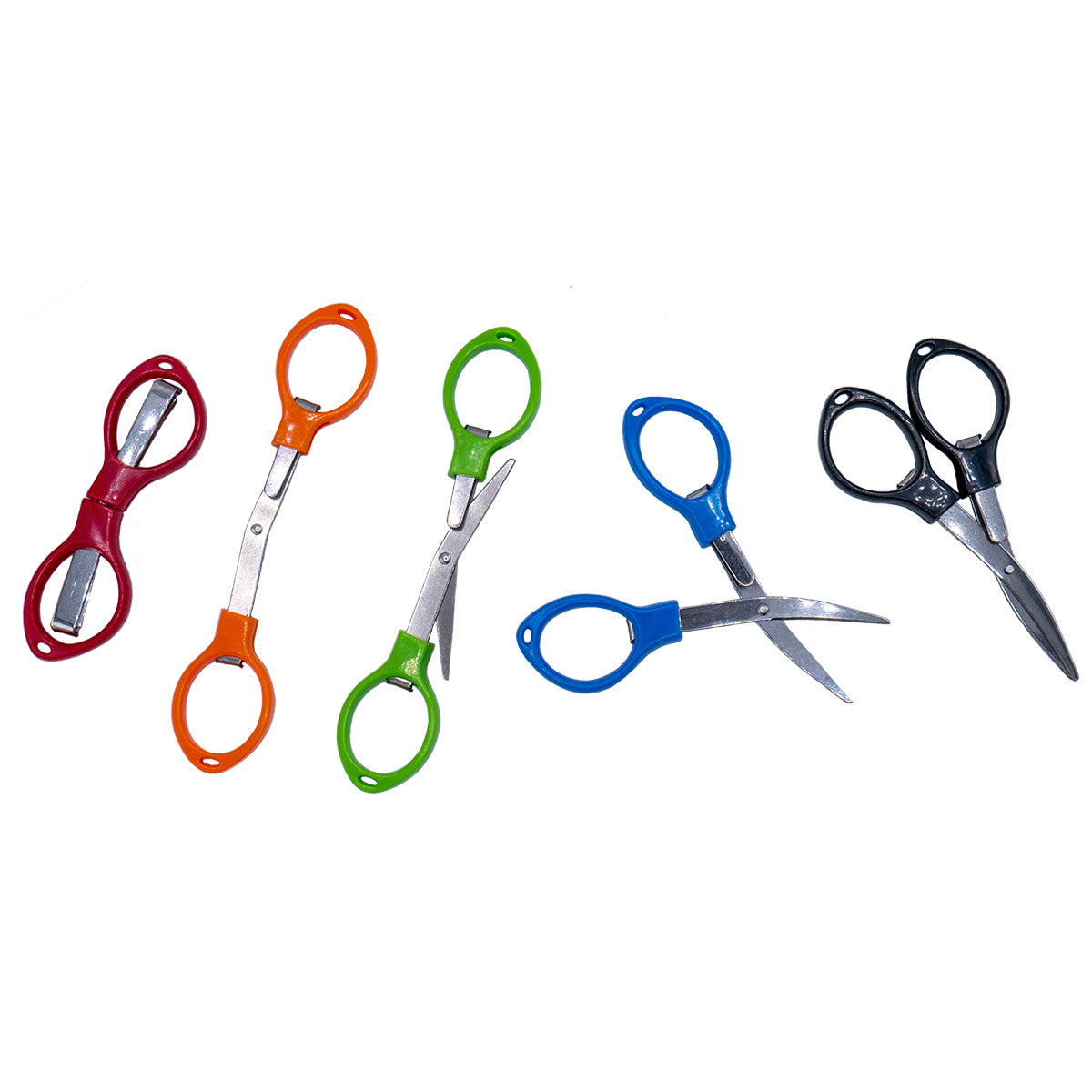 An array of folding scissors in various positions. From left to right: red scissors completely folded, orange scissors partially unfolded, green scissors in wide open cutting position, blue scissors in half closed cutting position, and black scissors in fully closed cutting position.
