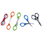 An array of folding scissors in various positions. From left to right: red scissors completely folded, orange scissors partially unfolded, green scissors in wide open cutting position, blue scissors in half closed cutting position, and black scissors in fully closed cutting position.