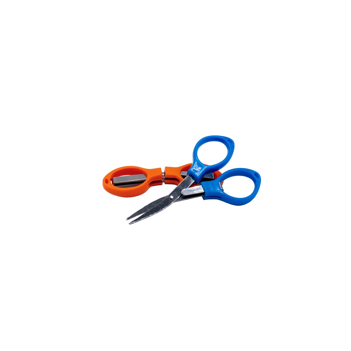 Blue scissors in closed cutting position resting in front of fully folded orange scissors.
