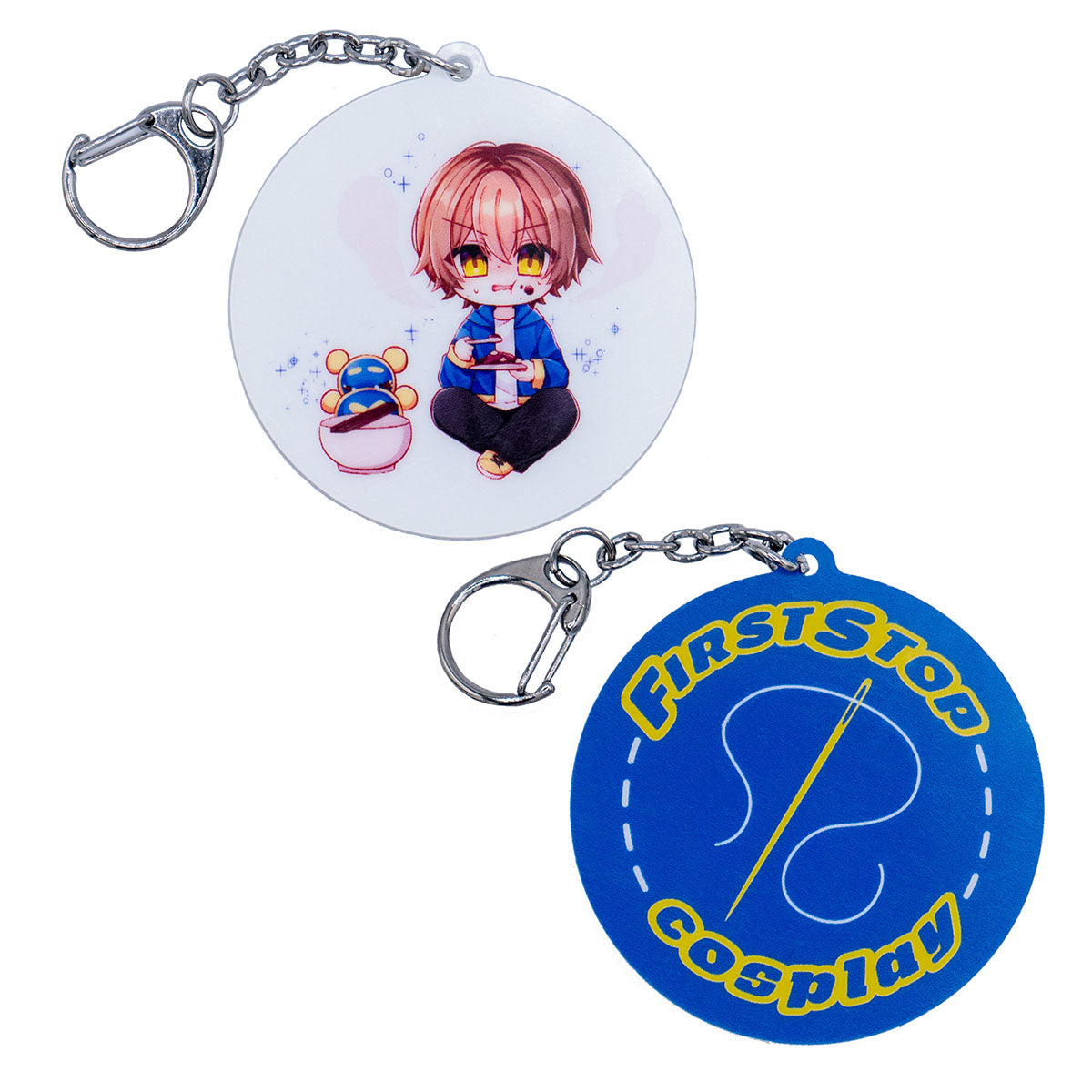 The front and back of the Dah keychain. Dah is the male character in chibi form eating curry and sitting next to Timmy figure with a bowl. The back of the keychain says "First Stop Cosplay" with a sewing needle.
