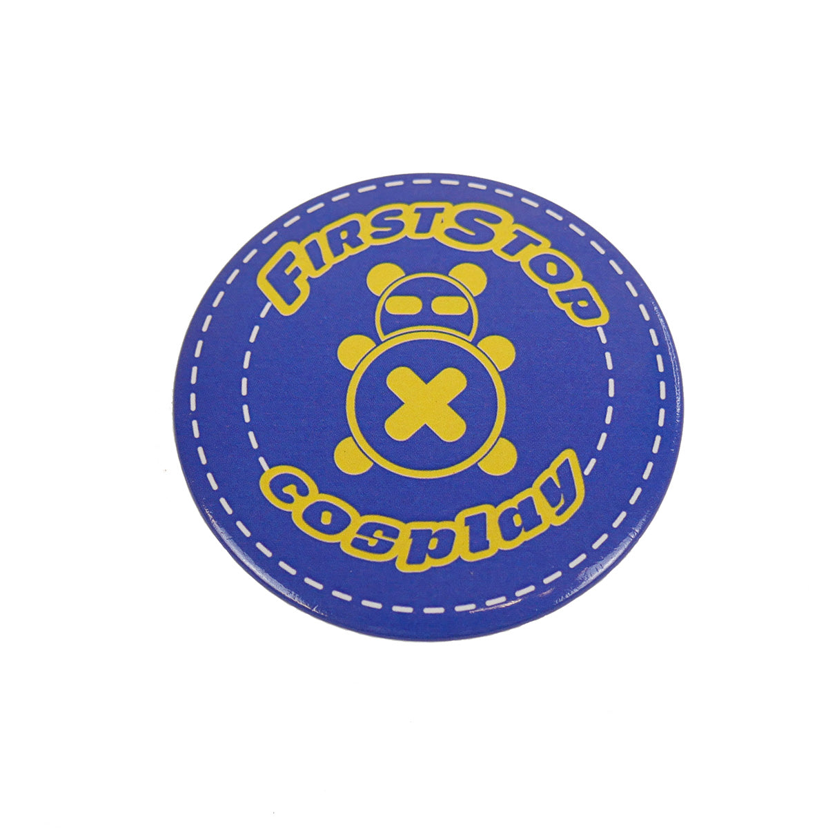 Circle Stitch Logo button: a round blue button with yellow text saying, "First Stop Cosplay" surrounding a yellow panda figure named Timmy.