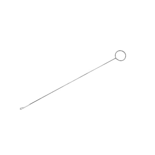 A metal loop turner with a circle on one end and a hook on the other.