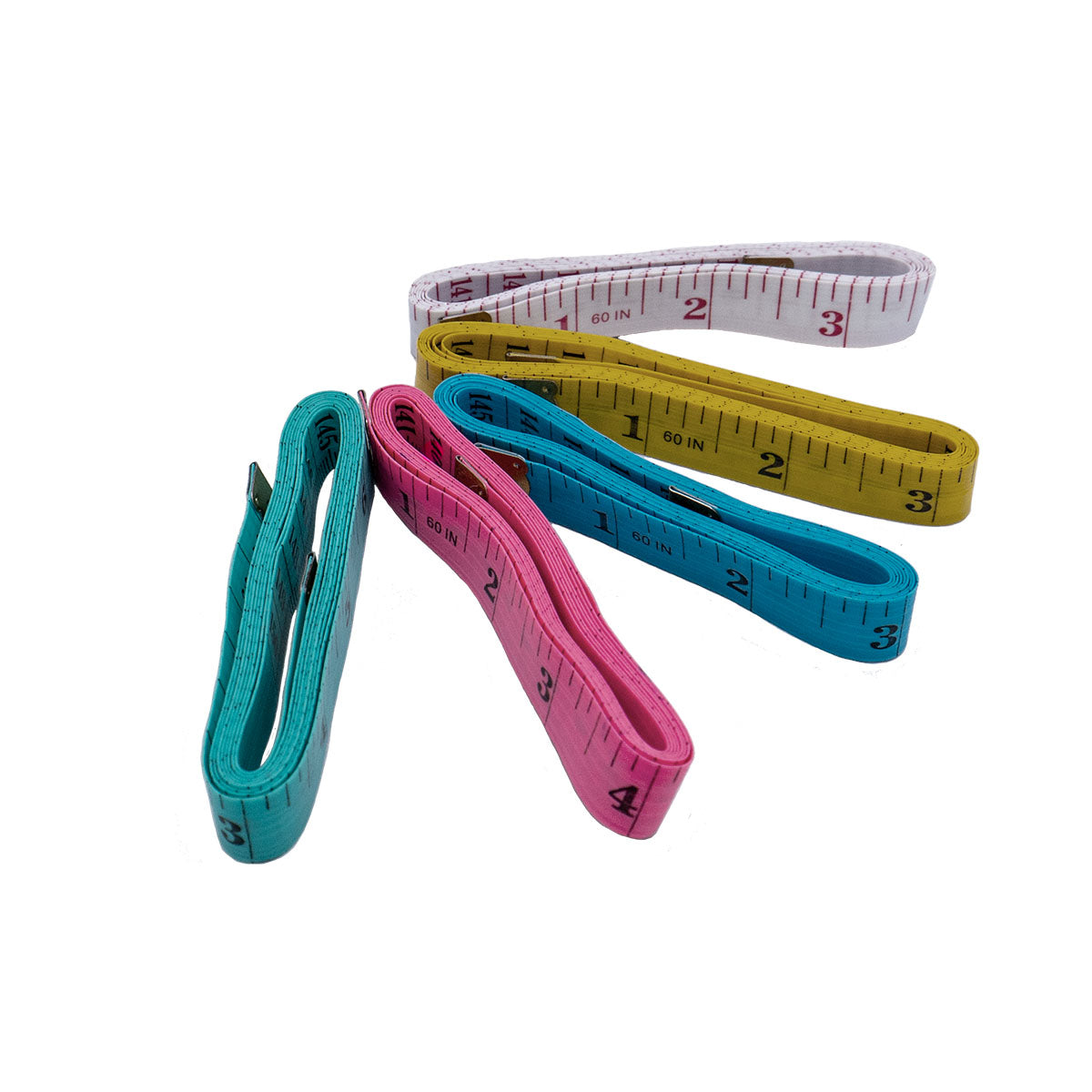 Assorted measuring tape in various colors fanned out.