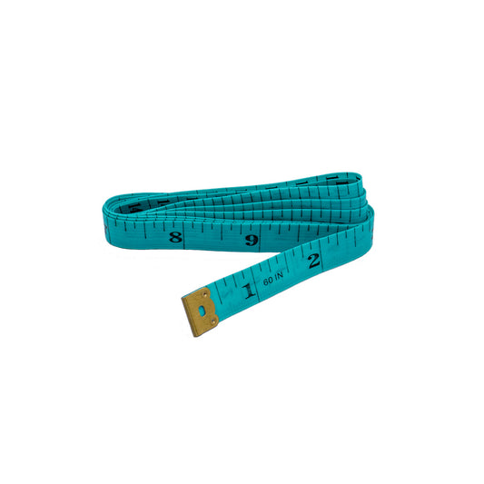 A rolled-up soft teal measuring tape with the first few inches visible.