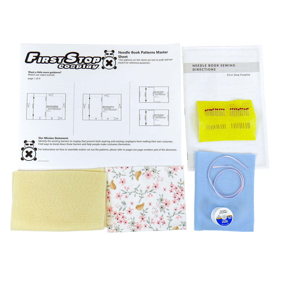 An image of the materials, sewing directions booklet, and patterns master sheet document included in a Needle Book Kit. The materials needed in order to construct a floral patterned Needle Book: (1) a yellow felt rectangle with 20 glass head pins and two sewing needles; (2) yellow felt rectangles; (3) a rectangular blue piece of fabric; (4) a rectangular piece of fabric with a pink floral pattern; (5) light pink ribbon; and (6) and spool of thread. Note that colors will vary per package.