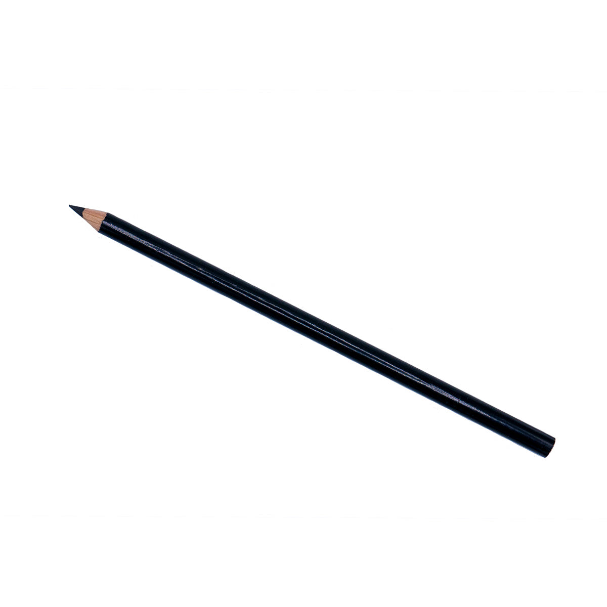 A singular black pencil. The point is angled up and to the left.