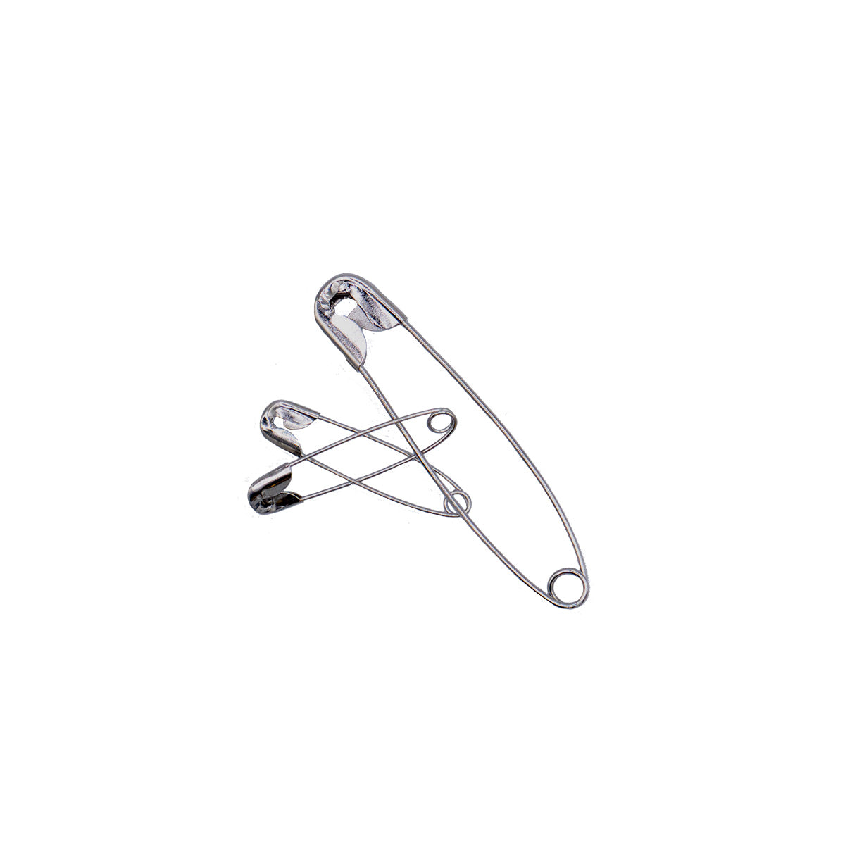 One large safety pin with two smaller safety pins.