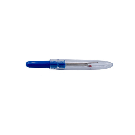 A closed seam ripper with a clear plastic cap.