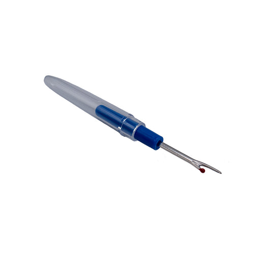 An open seam ripper with the clear plastic cap at the end.