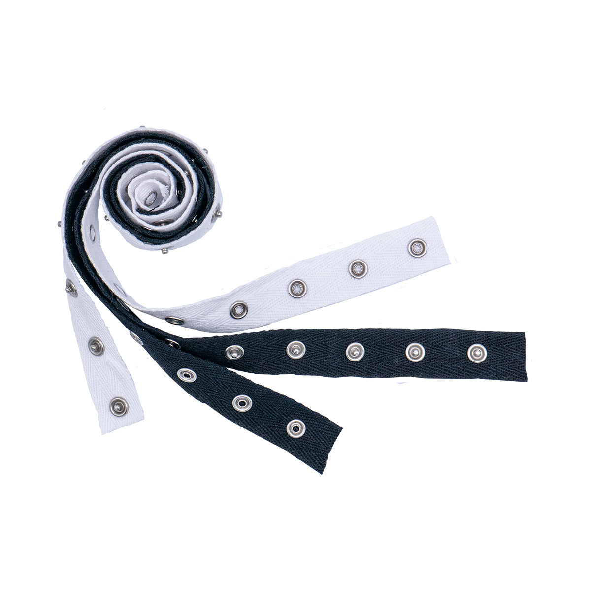 A spiral of both black and white snap tapes.