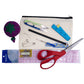 Components of the starter tool set, including a pin cushion, thread clipper, measuring tape, pencil, seam ripper, two sewing needles, three safety pins, a 12" ruler, a box of pins, and scissors.