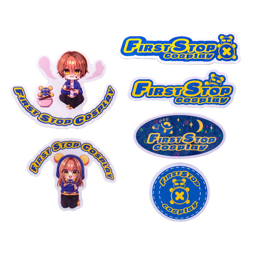 Six stickers arranged next to each other, with the left side containing the Pan and Dah sticker, and the right side containing four different versions of the "First Stop Cosplay" logo. From top to bottom, the design options are: First Stop Cosplay Logo, Peek-A-Boo Timmy, Sleepy Time Timmy, and Circle Stitch Logo.