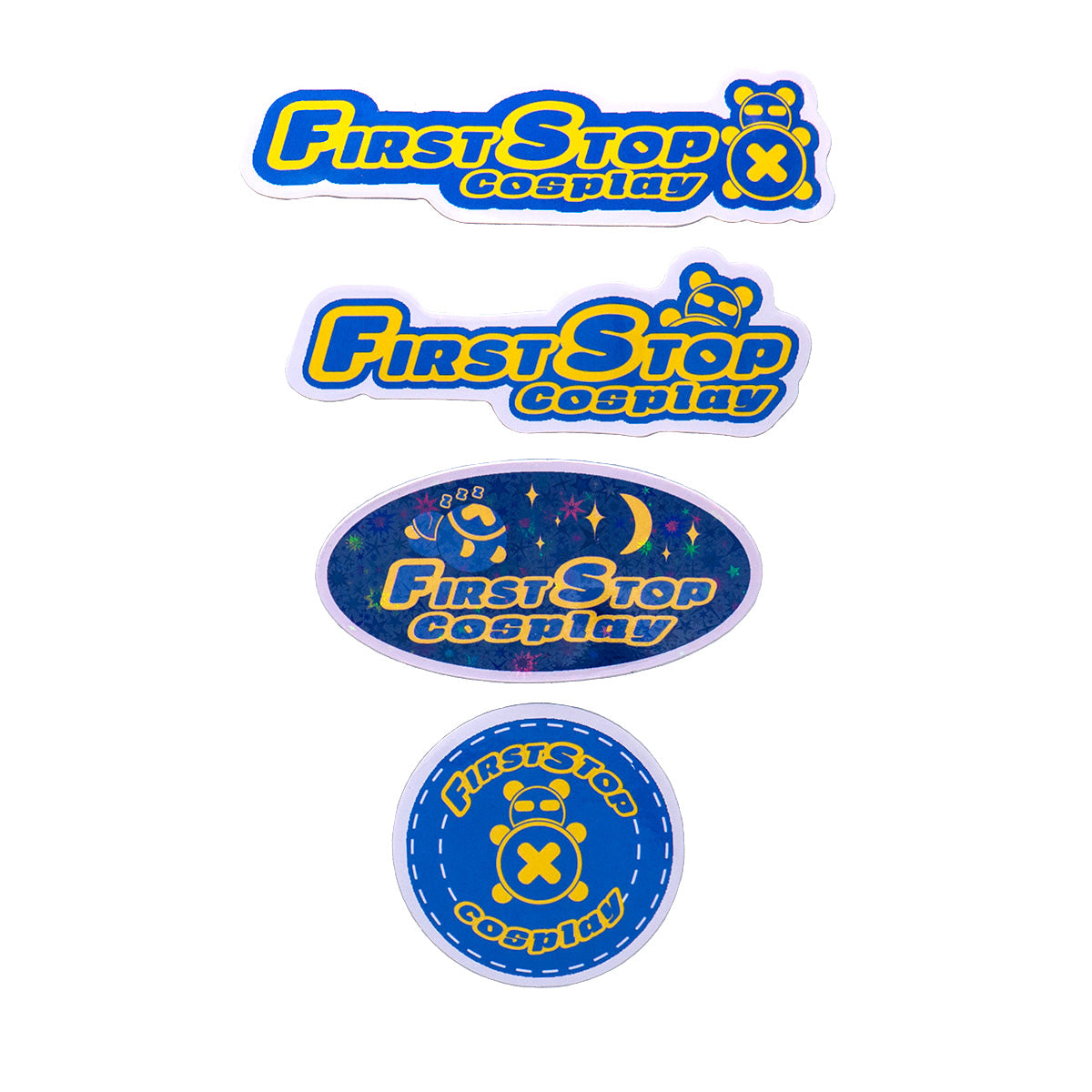 A vertical stack of First Stop Cosplay logo stickers. From Top to Bottom: First Stop Cosplay Logo sticker, Peek-A-Boo Timmy sticker, Sleepy Time Timmy sticker, and Circle Stitch Logo Sticker.