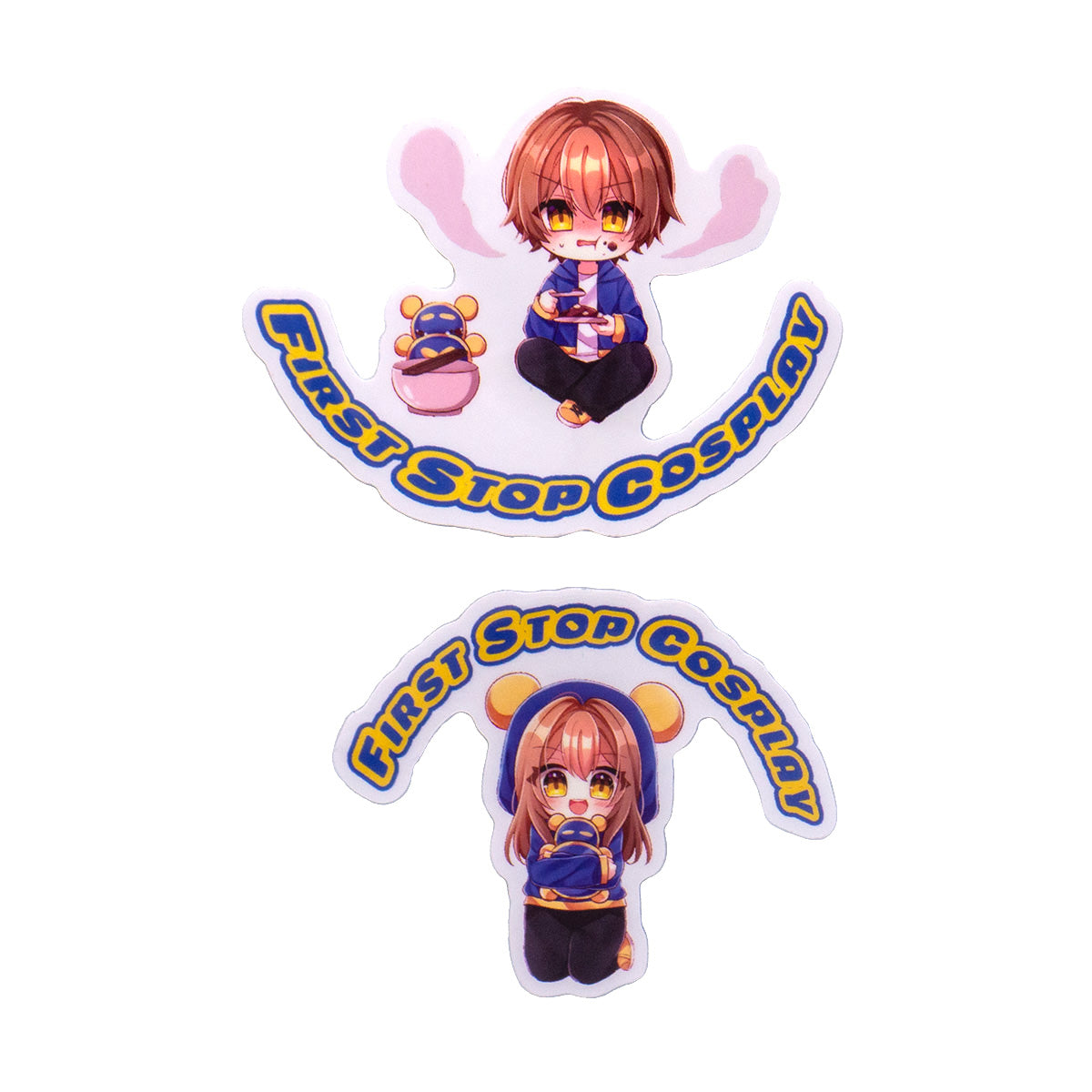 A Dah sticker above a Pan sticker, both with the "First Stop Cosplay" name. Pan is a female character drawn in chibi style. She is holding a small Timmy figure and kneeling on both knees. Dah is a male character in chibi style. He is seated and eating a plate of curry. Next to him is the Timmy figure with a bowl in front.