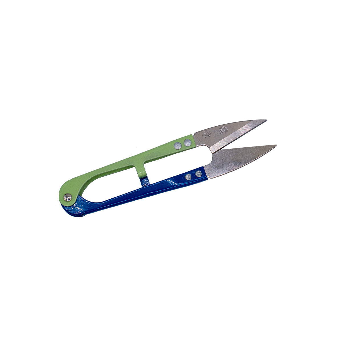 An image of the blue-and-green metal thread clippers with its blades open.