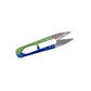An image of the blue-and-green metal thread clippers with its blades open.