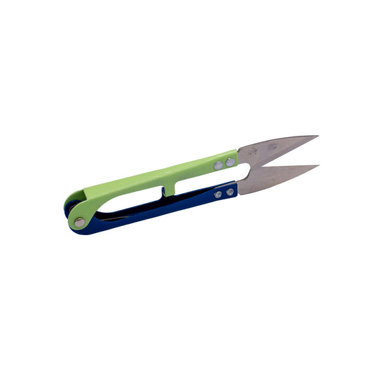 An image of the blue-and-green metal thread clippers with its blades open.