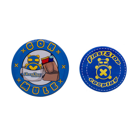 Two buttons side-by-side. The left side has the "Con Mule" button. The right side has the "First Stop Cosplay" logo and a circle stitch encircling it.